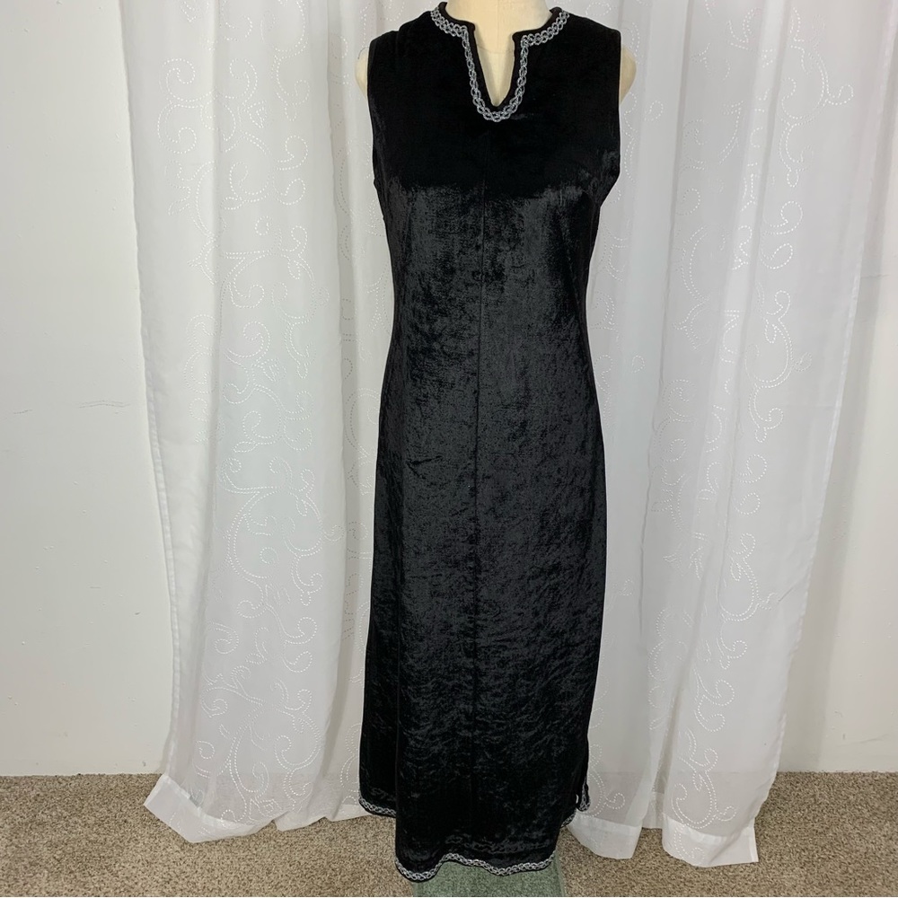 Vintage Maxi black velvet hostess dress with silver trim
